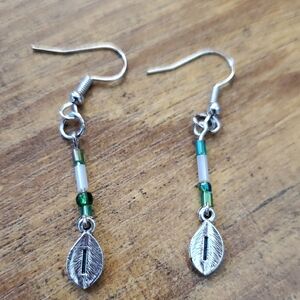 Rustic Leaf Drop Earrings with Green Crystal Accents